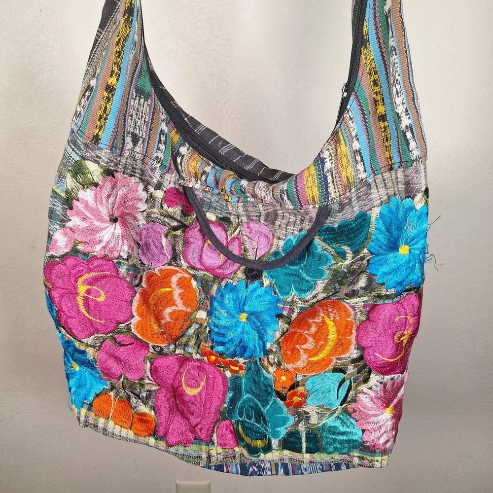 Y2K Baja Festival Hobo Hippie Bag Embroidered Southwestern Aztec Floral Flowers